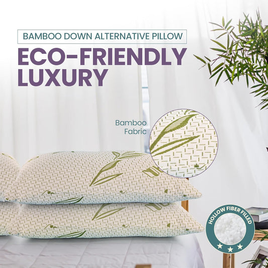 Pack of 2 Hollowfibre Filled Bamboo Bed Pillow for Side Sleeper