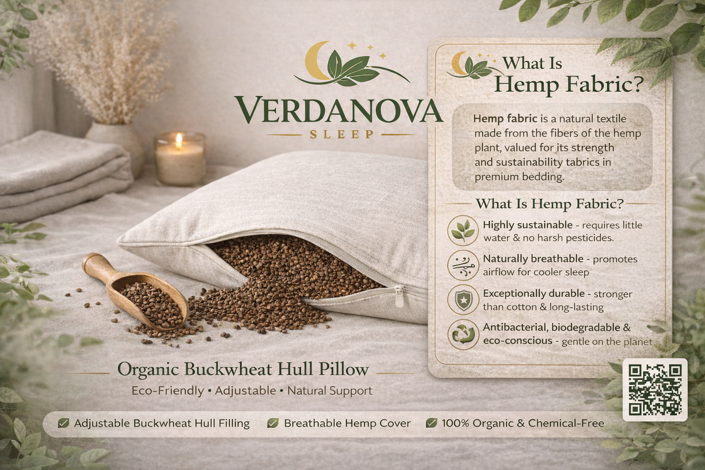Adjustable Organic Buckwheat Hull Pillow with Breathable Hemp Cover | Sustainable Natural Support