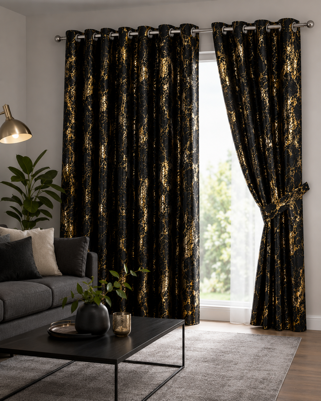 Modern Gold Foil Marble Print Drapes | Room Darkening Eyelet Curtains