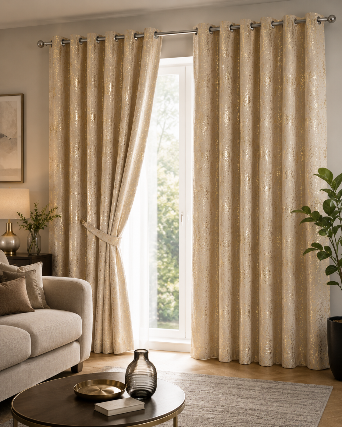 Modern Gold Foil Marble Print Drapes | Room Darkening Eyelet Curtains