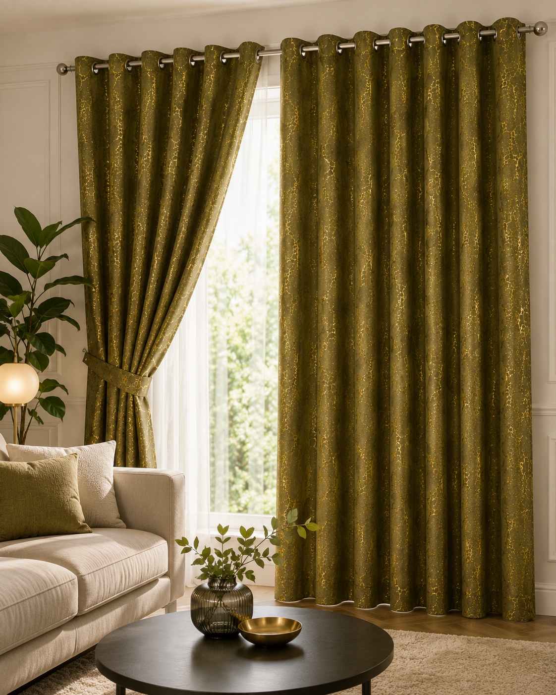 Modern Gold Foil Marble Print Drapes | Room Darkening Eyelet Curtains