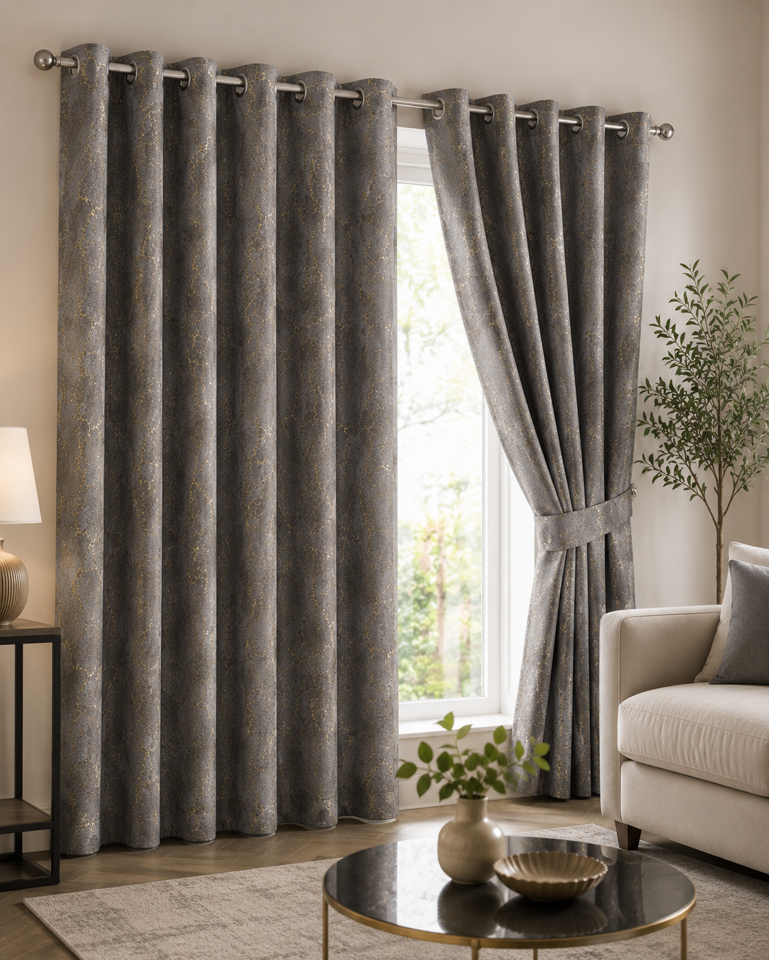 Modern Gold Foil Marble Print Drapes | Room Darkening Eyelet Curtains