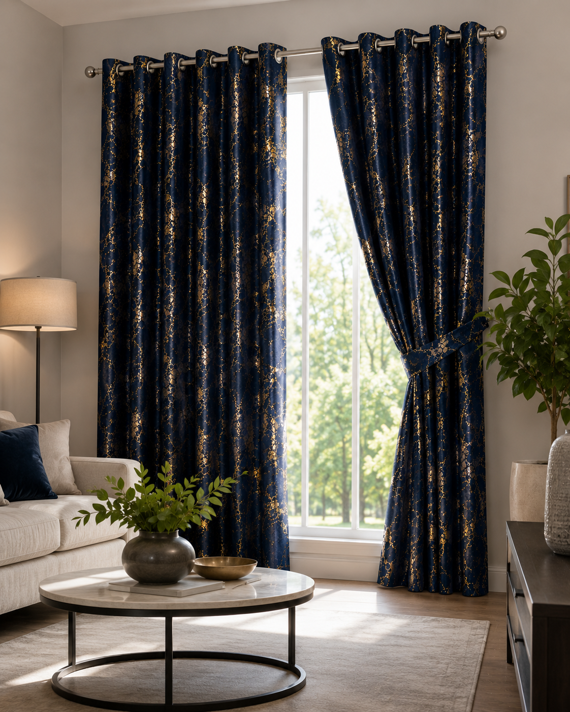 Modern Gold Foil Marble Print Drapes | Room Darkening Eyelet Curtains