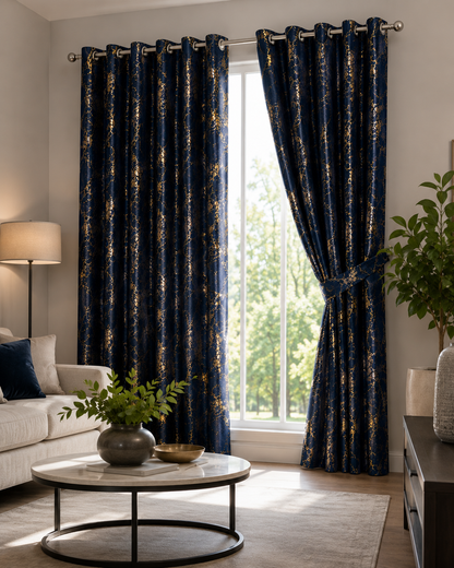 Modern Gold Foil Marble Print Drapes | Room Darkening Eyelet Curtains