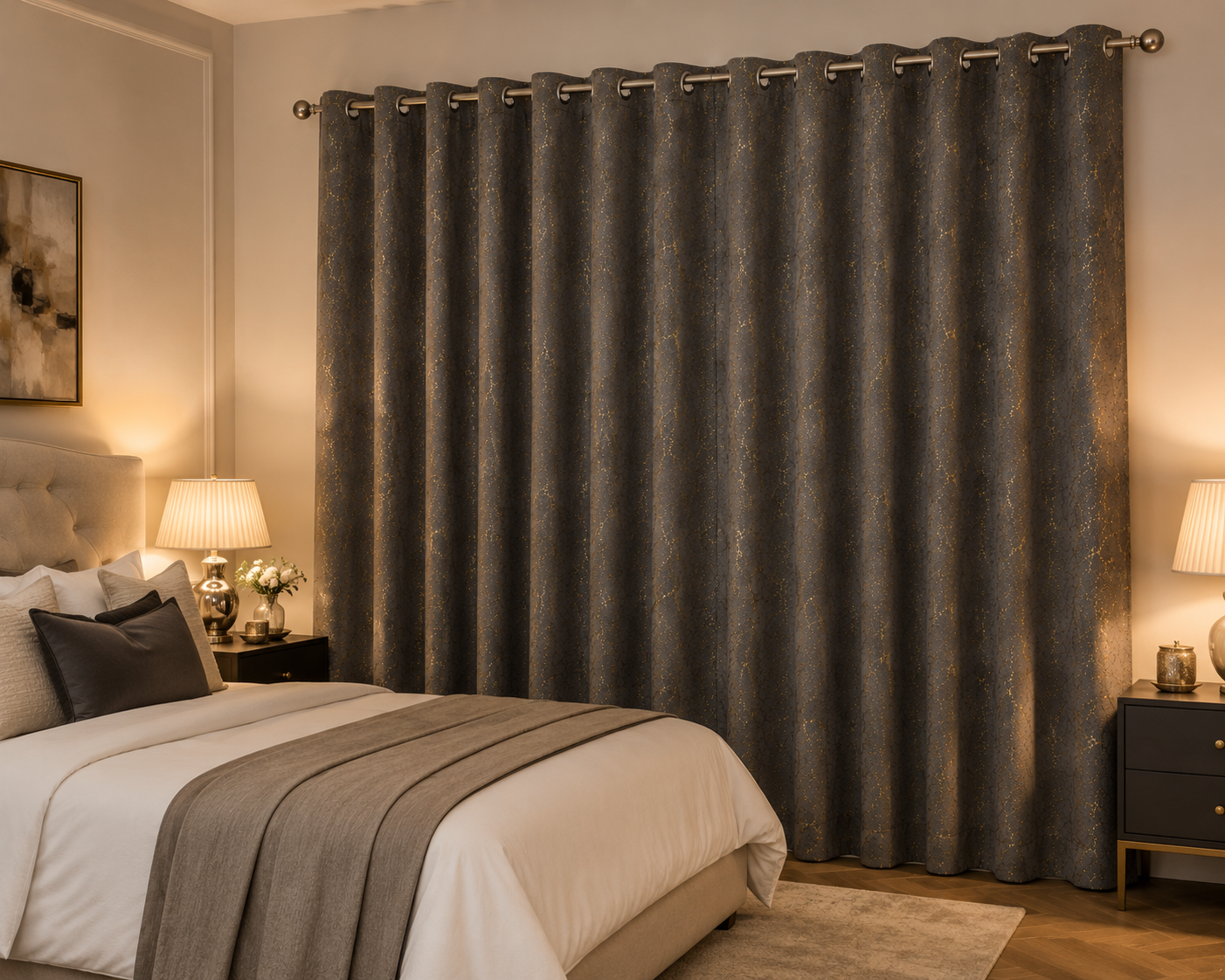 Modern Gold Foil Marble Print Drapes | Room Darkening Eyelet Curtains