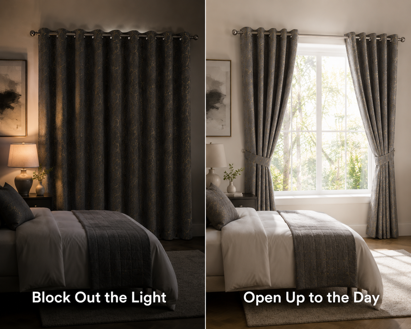 Modern Gold Foil Marble Print Drapes | Room Darkening Eyelet Curtains