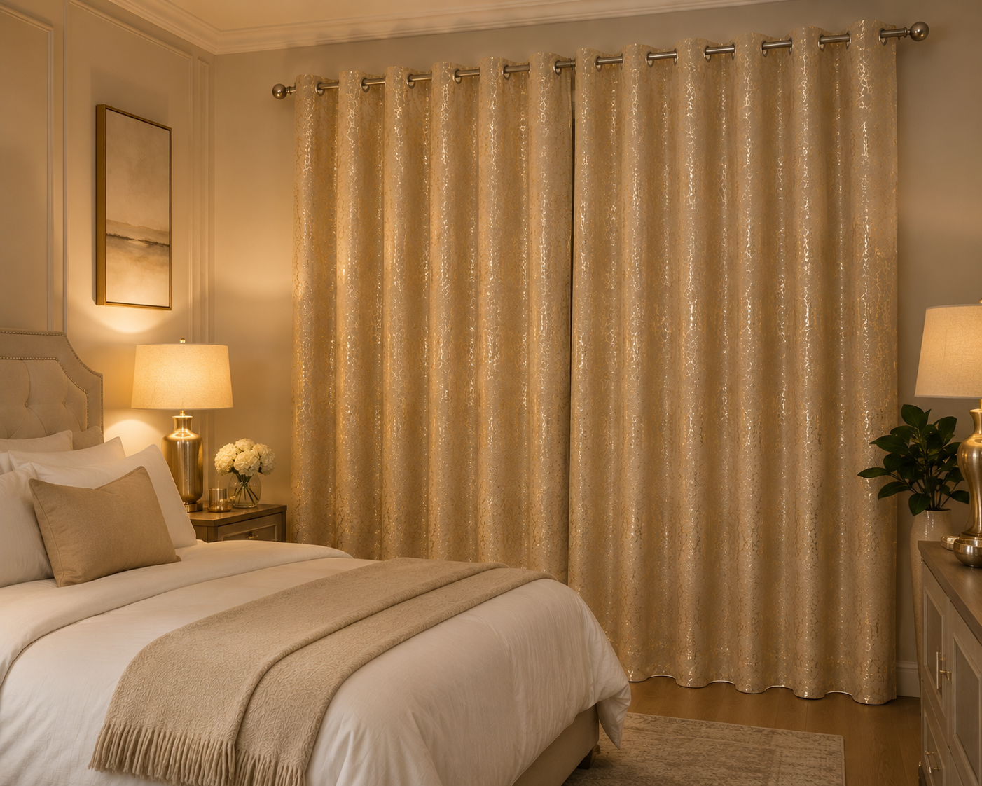 Modern Gold Foil Marble Print Drapes | Room Darkening Eyelet Curtains