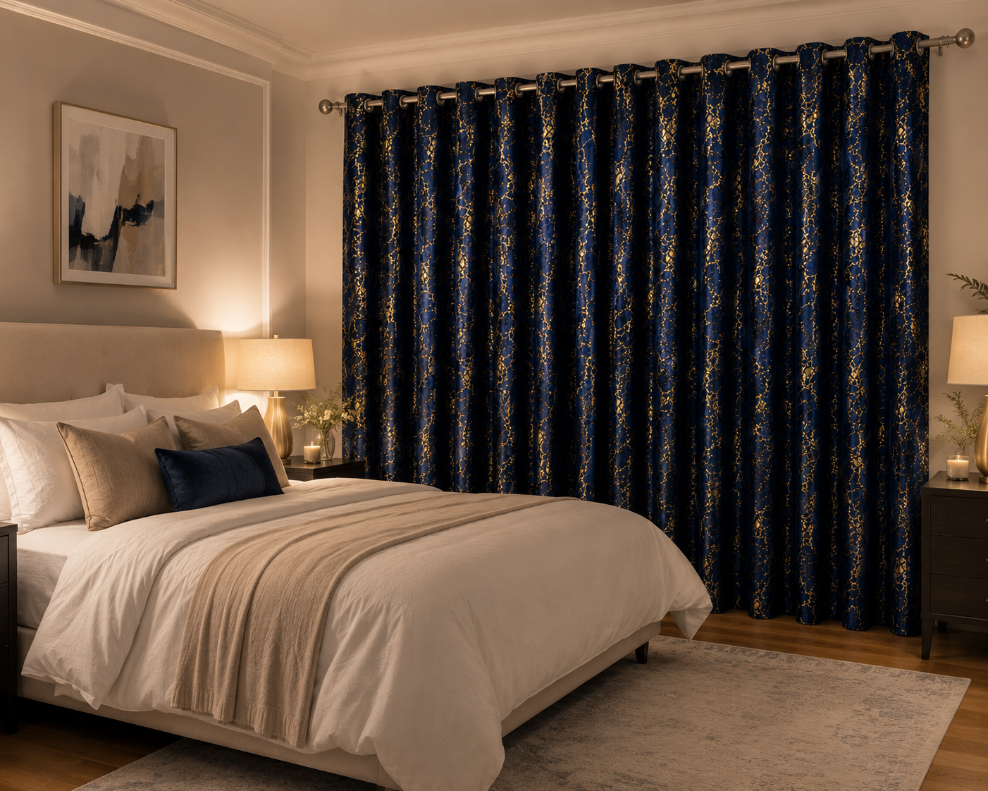 Modern Gold Foil Marble Print Drapes | Room Darkening Eyelet Curtains