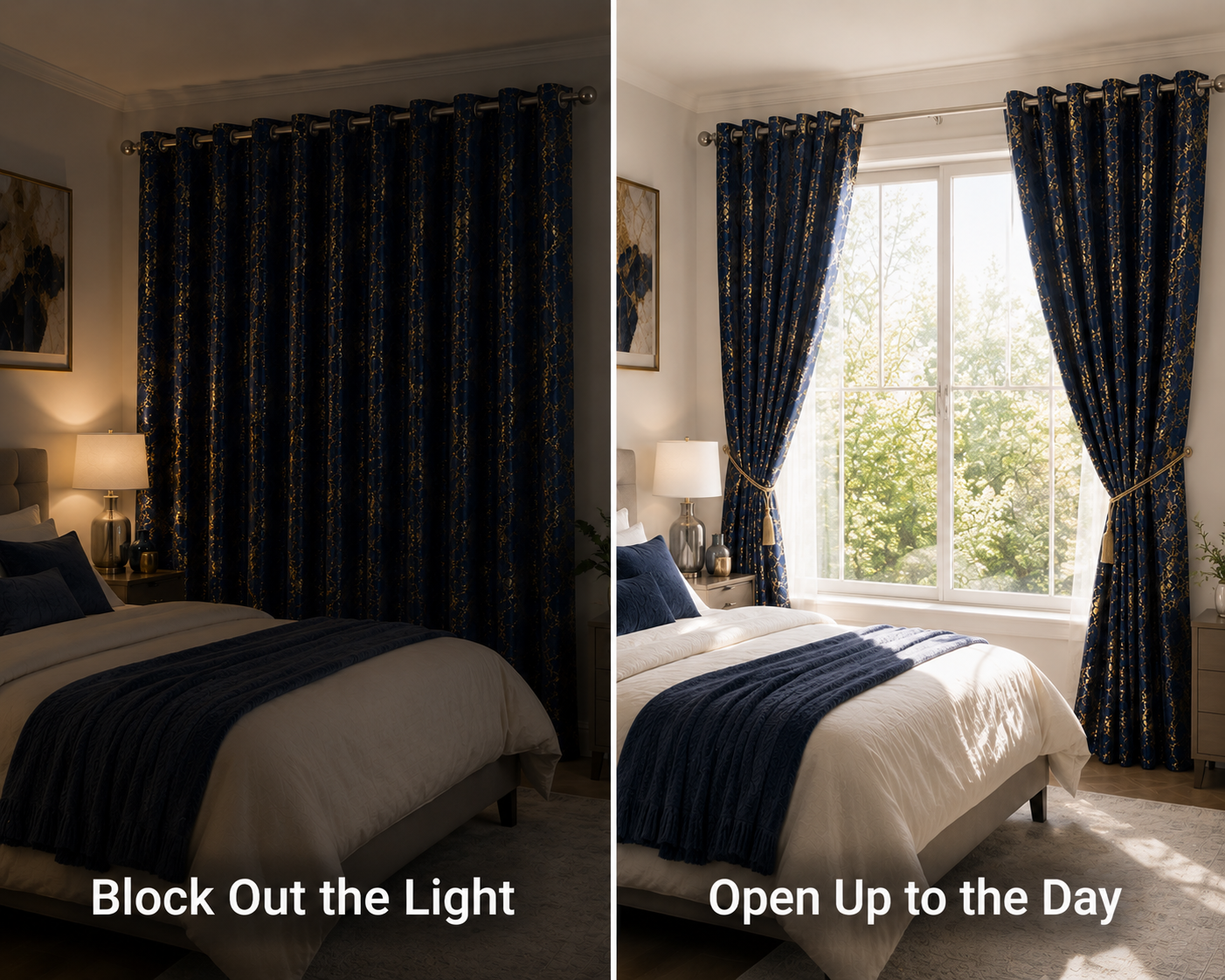 Modern Gold Foil Marble Print Drapes | Room Darkening Eyelet Curtains