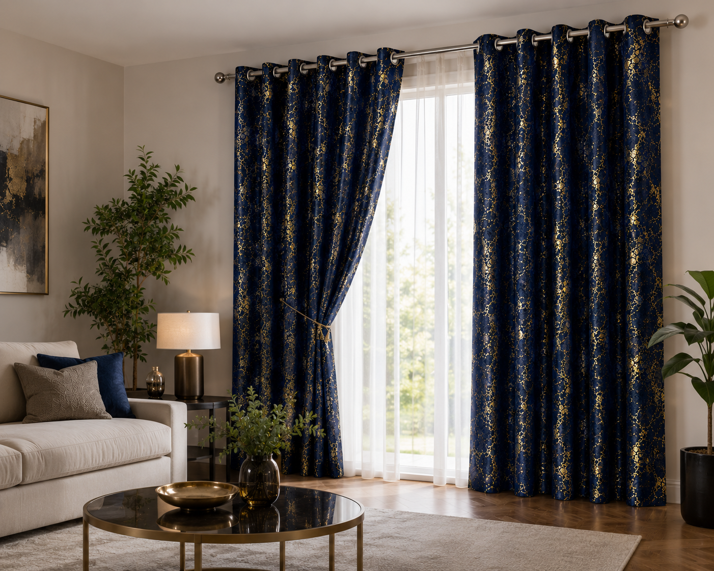Modern Gold Foil Marble Print Drapes | Room Darkening Eyelet Curtains