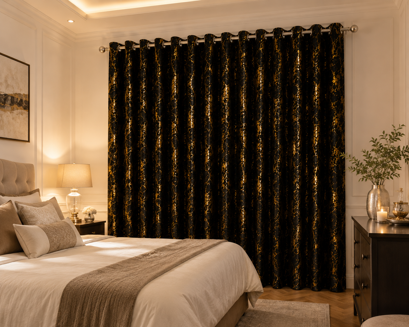 Modern Gold Foil Marble Print Drapes | Room Darkening Eyelet Curtains
