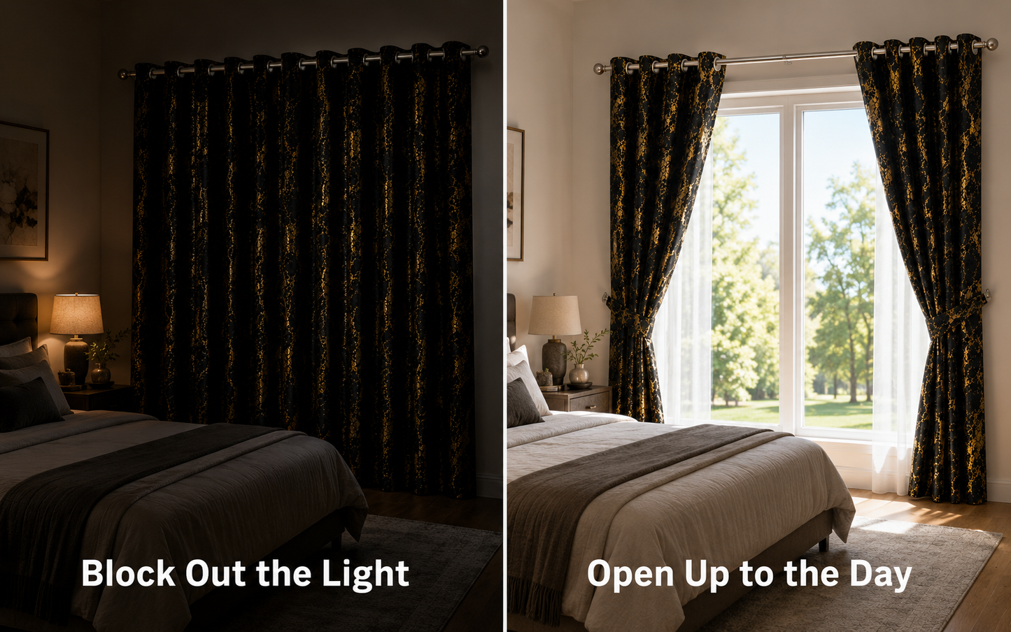 Modern Gold Foil Marble Print Drapes | Room Darkening Eyelet Curtains