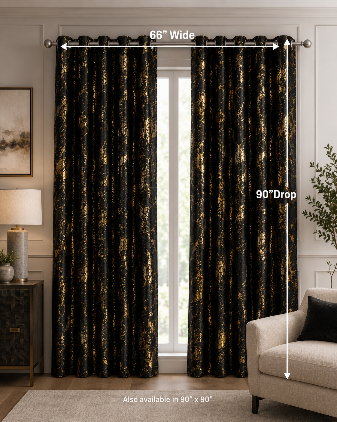 Modern Gold Foil Marble Print Drapes | Room Darkening Eyelet Curtains