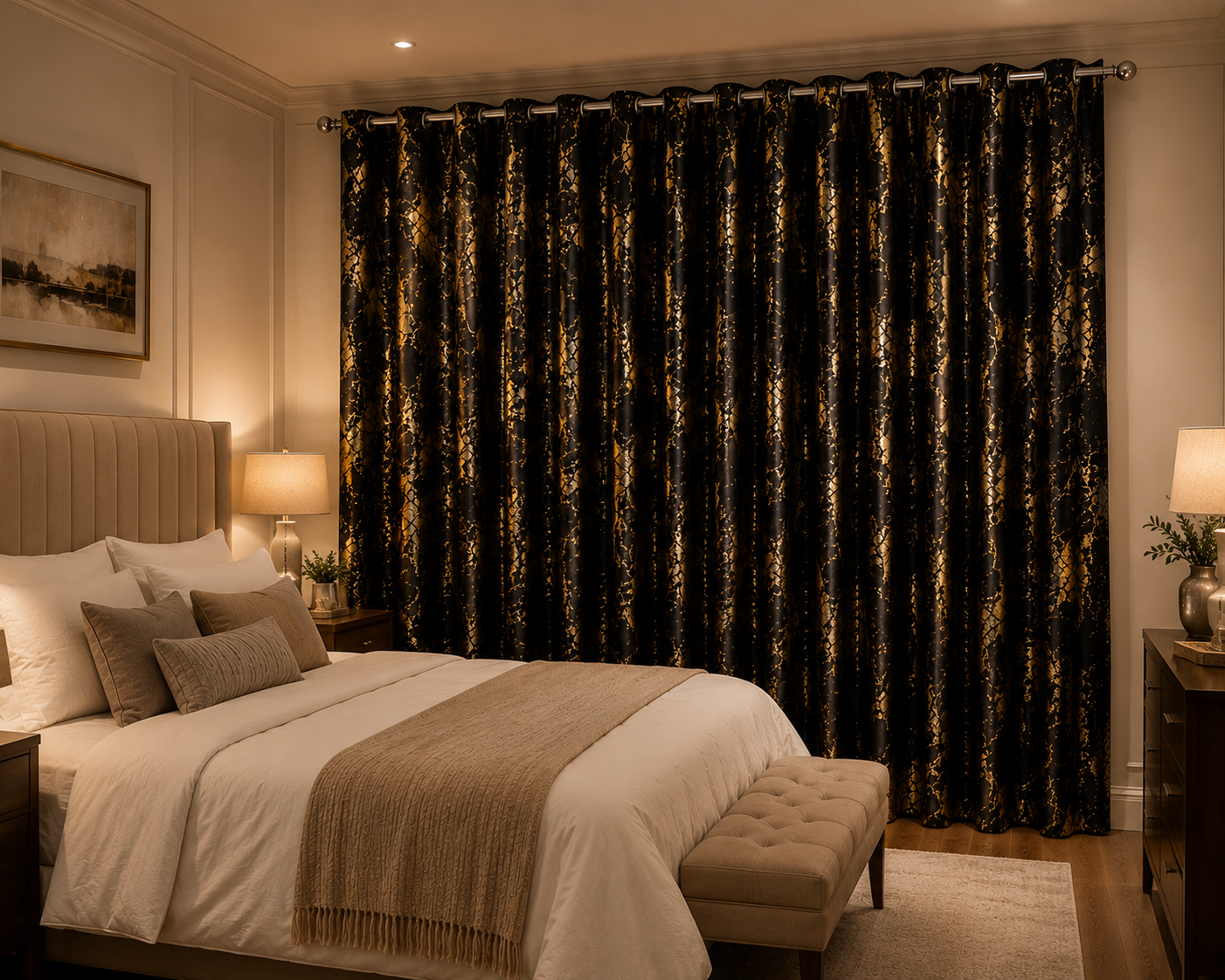 Modern Gold Foil Marble Print Drapes | Room Darkening Eyelet Curtains