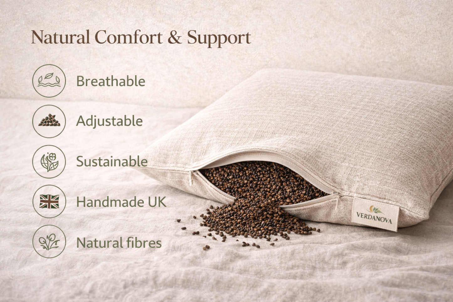 Adjustable Organic Buckwheat Hull Pillow with Breathable Hemp Cover | Sustainable Natural Support